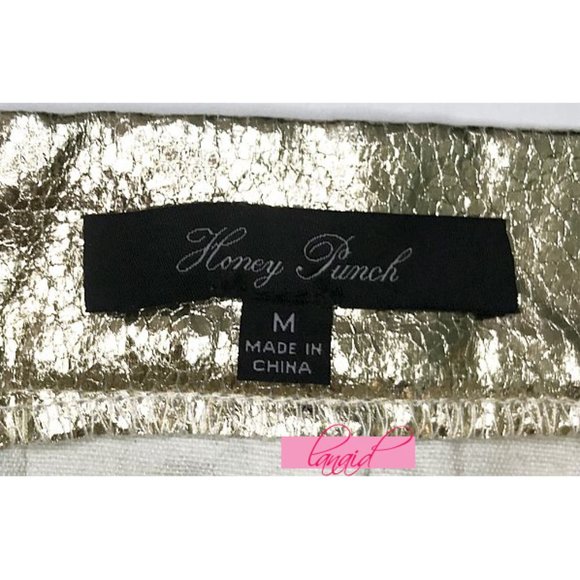 NEW Honey Punch Gold Party Skirt High-Waist Metallic Skater Fit & Flare Mini M - Picture 6 of 8